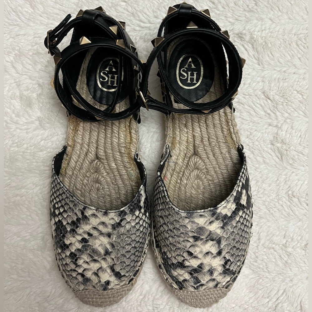 ASH Black and Tan w/gold stud accents Espadrille Sandals in excellent condition